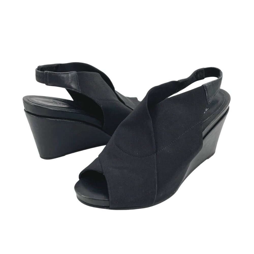 Eileen Fisher Womens 6 Wedge Heeled Sandals Stretch Black Comfort Open Toe